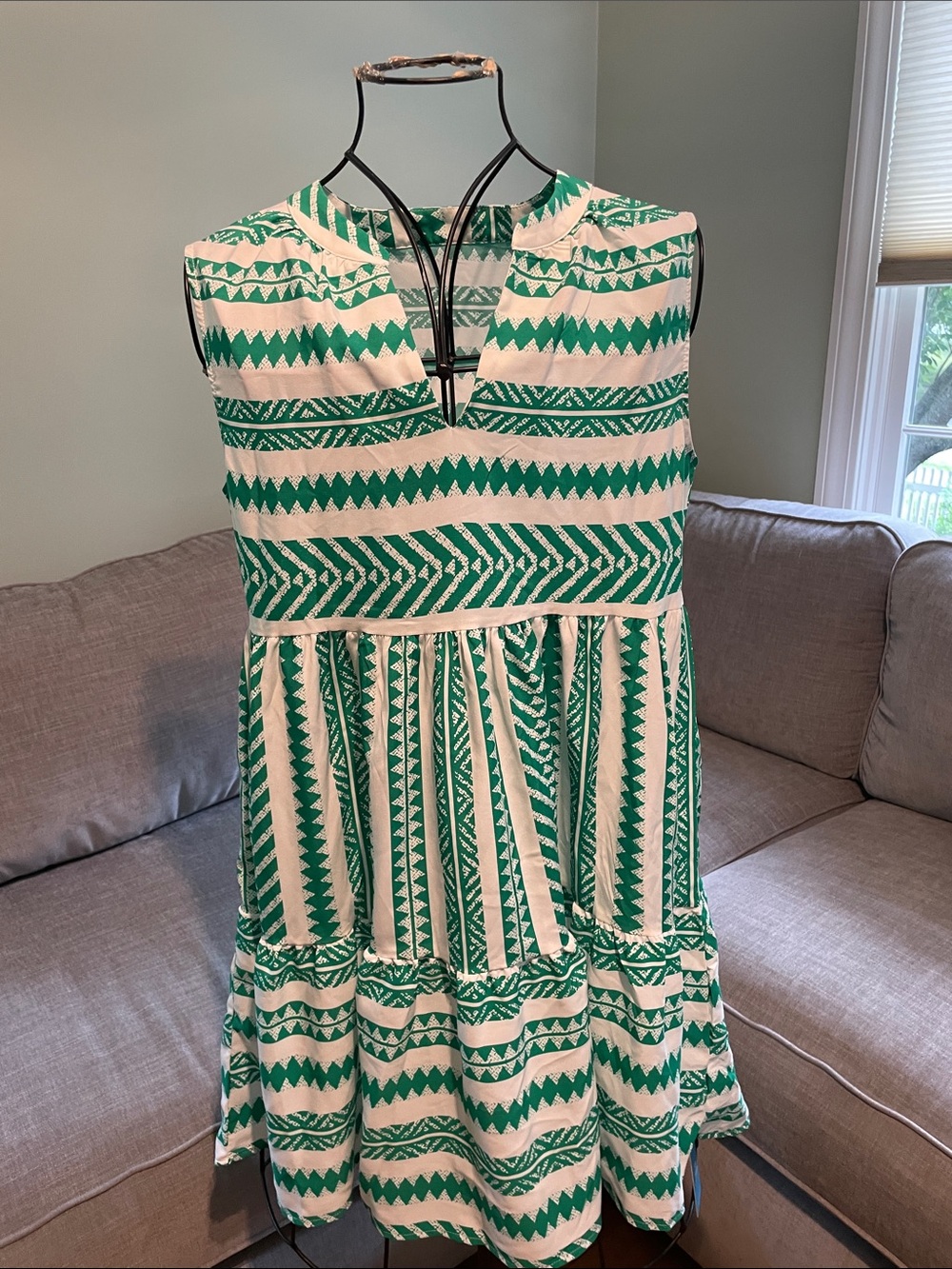 Green & White Geometric Sleeveless Dress
